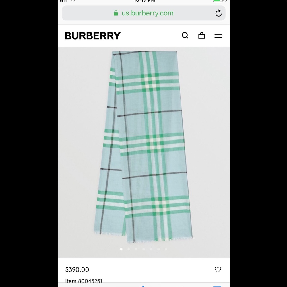 BNWT Burberry Light Green Peridot Pale Blue Check Scarf, $420 (+ $40 CA tax)
